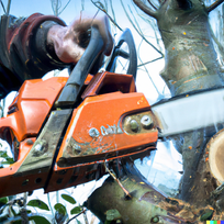 An orange chainsaw trimming a tree in Gastonia, NC.